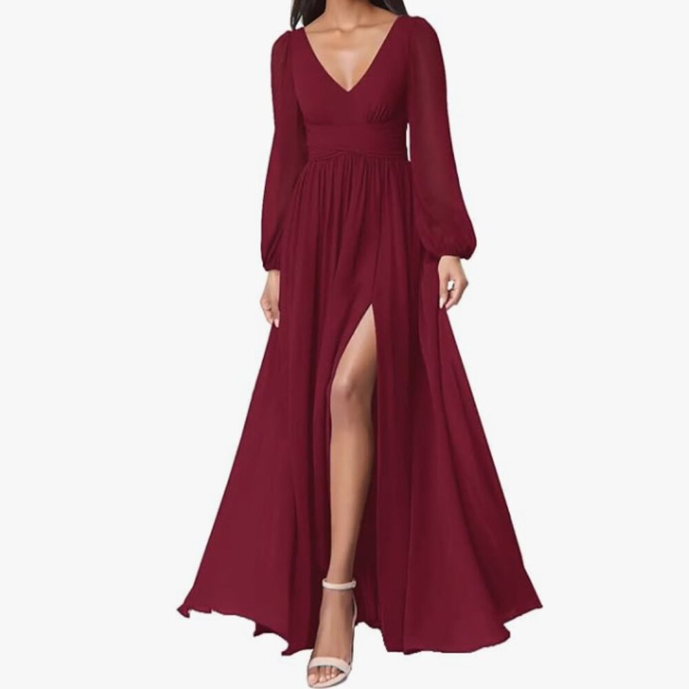Elegant Burgundy V-Neck Long Sleeve Maxi Dress